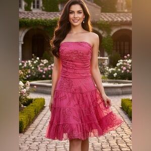 Elegant shocking fuchsia Pink Attitudes by Debra mini Strapless‎ Dress